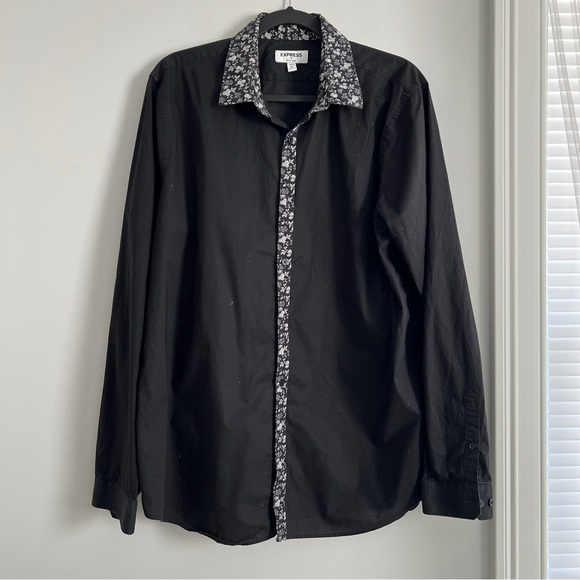Express Other - Express Black Button-Up Shirt with Black & White Floral Trim